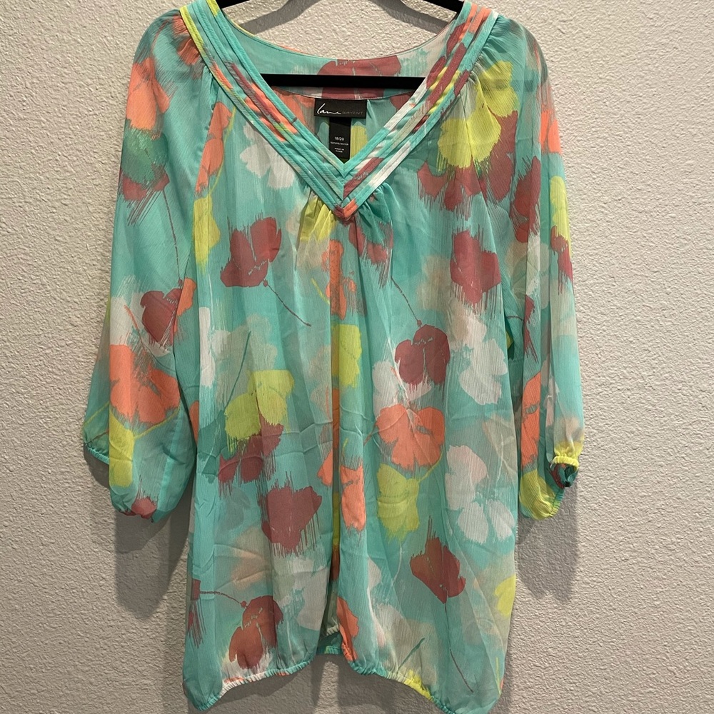 Bright Sheer Floral Blouse with 3/4 Sleeves